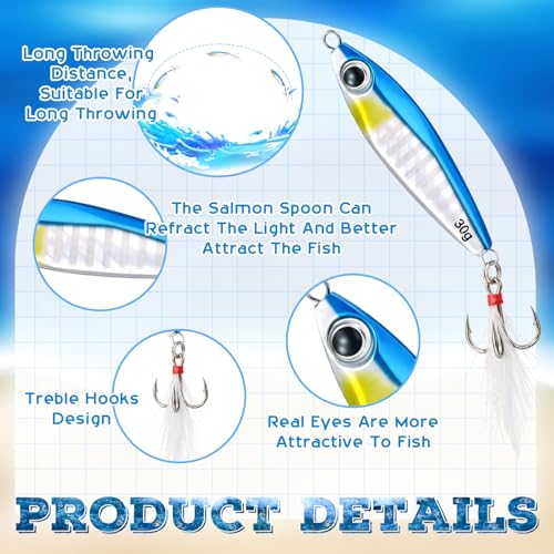 20 Pcs Spoon Fishing Lures 1.06 oz Saltwater Micro Fishing Jigs Sink Metal Jigging with Ultra-Sharp Hooks for Shore Sea Fish Salmon Bass