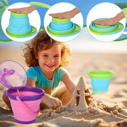 2 Pack Telescopic Kids Fishing Net with Handle, 2 Collapsible Bucket Sand Pail, Stainless Steel Foldable Fishing Net Small Fishing Butterfly Bug Net Beach Shovel with Storage Bag - color: Green Pink Purple Blue