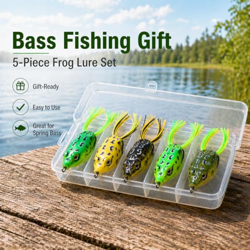 Fish Catcher, Spring Bass Fishing Gift, Novice Angler Friendly, Weedless Soft Plastic Topwater Frog Popper Lures with Embedded Hooks, Realistic Action, 5-Piece 2.16"