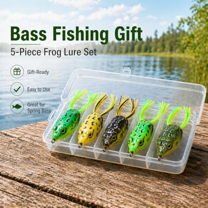 Fish Catcher, Spring Bass Fishing Gift, Novice Angler Friendly, Weedless Soft Plastic Topwater Frog Popper Lures with Embedded Hooks, Realistic Action, 5-Piece 2.16"
