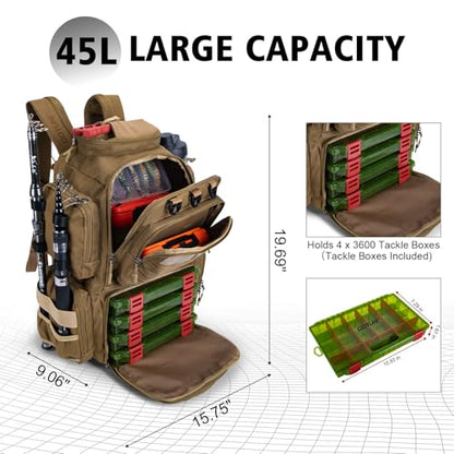 Goture Fishing Backpack with 4 Tackle Boxes,900D Water-Resistant Tackle Backpack with Rod Holders,45L Large Fishing Bag Storage Gear Tackle Bag with Rain Cover,Bottle Holder for Travel Camping Hiking - color: A1:khaki With 4 Tackle Boxes