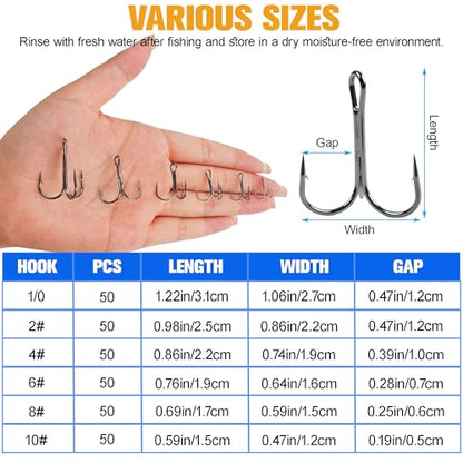 50 Pack Fishing Treble Hooks Kit High Carbon Steel Fish Hook Strong Sharp Round Bend Split Rings for Lures Baits Saltwater Freshwater Fishing Size 1/0 2 4 6 8 10 - color: Black, size: 10# - 50pcs