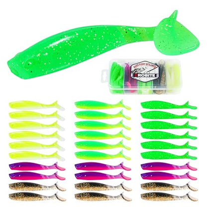 30pcs Soft Plastic Swimbaits with Paddle Tail, T-Tail Fishing Lures for Vertical Jigging and Casting, Freshwater Swimbaits for Bass, Trout, Walleye & Crappie - color: Segmented, 2''