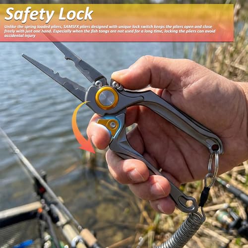8” Lockable Fishing Pliers, Corrosion Resistant Saltwater Fishing Gear, Multi Purpose Fish Tool Braid Line Cutter Split Ring Hook Remover Crimper with Lanyard, Fishing Gifts for Men