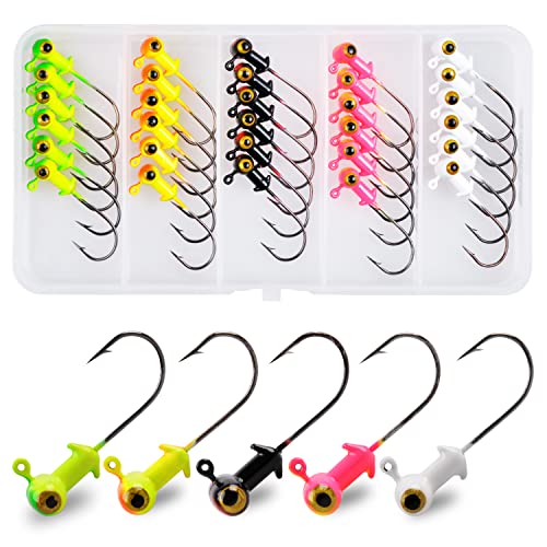 Fishing Jig Heads Kit,Football Painted Head Jig Hook with Double Eye Glow Crappie Bass Jig Head Hooks 1/8oz 3/16oz 1/4oz Fishing Jig Hooks for Freshwater Saltwater - color: Crappie Jig heads-1/8 oz-30 Pack
