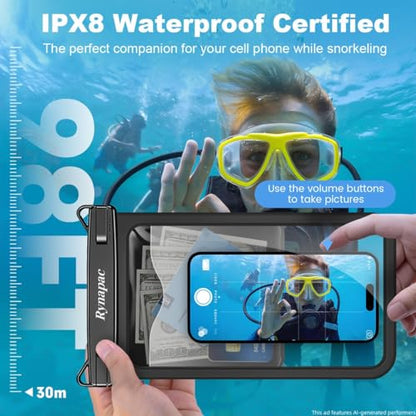 Rynapac Large Waterproof Phone Pouch [Up to 10"] - 2 Pack IPX8 Waterproof Phone Case for iPhone 17 16 15 Pro Max Galaxy S26 Ultra, Touchscreen & Underwater Photography, Beach Cruise Essentials 2026 - color: [Black + Blue] Large Waterproof Phone Pouch, siz
