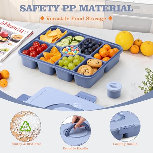 Snackle Box Container, Divided Serving Tray with Lid and Handle, 9 Compartments Snack Box Container for Adults, Portable Charcuterie Serving Platter for Candy Fruit, 9.9 Cups, Dark Blue - color: Dark Blue