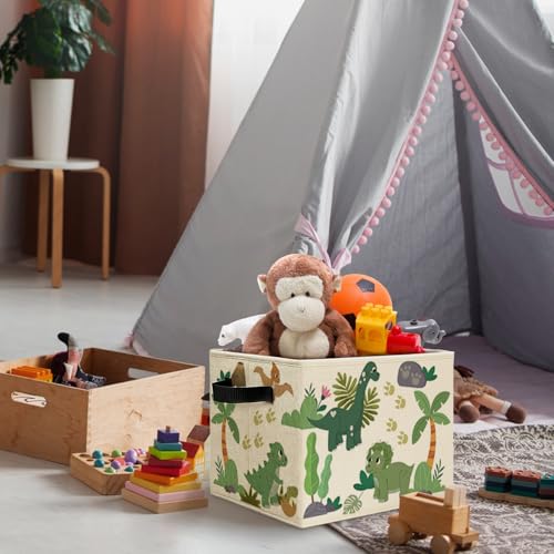 Tropical Dinosaur Storage Bins Box with Handles, Sage Green Plant Nursery Laundry Basket Hamper Collapsible Clothes Toys Organizer for Kids Boys Room Nursery Playroom Bathroom - color: Dinosaur Tropical