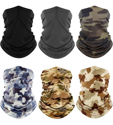Fuinloth Neck Gaiter, 6 Pack Cooling UV Protection Bandana Face Mask Gator | Breathable Sweat Wicking, UPF 50, Sun Wind Dust Shield, Quick Dry & Washable, 95% Polyester 5% Spandex - color: Black+gray+camo+ink-blended Blue+jungle Leaf+camo Sand