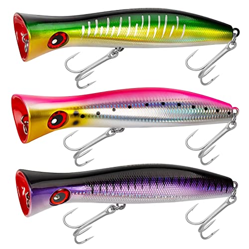 THKFISH Topwater Saltwater Fishing Lures GT Popper with 3X Strong Hook, Surf Fishing 1pc / 3pcs - color: 3pcs 3Colors (Blackspot Pink+PurpleLaser + GreenLaser)