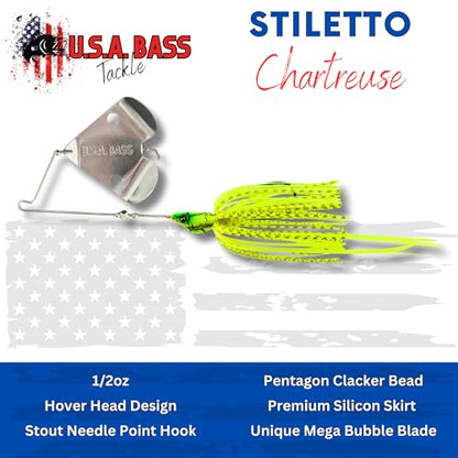 USA BASS Tackle Stiletto Buzzbait Largemouth Smallmouth Spotted Bass Premium Fishing Bait Hover Head Custom Silicon Skirt Mega Bubble Blade Clacker Heavy Duty Hook - color: Chartreuse