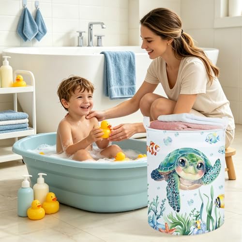 Clastyle Large Fish Sea Turtle Baby Basket Ocean Coral Seaweed Starfish Toy Book Shelf Basket Waterproof Pool Toy Beach Towel Storage Bin Collapsible Dirty Clothes Hamper, Blue, 36 * 45 cm - size: 36*45 cm