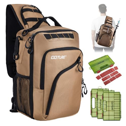 Goture Khaki Fishing Bag with Tackle Boxes, Crossbody Sling Tackle Backpack for Men, 20L Large Capacity Fits 3600 Trays, Durable Fishing Gear Storage, Best Fishing Gifts for Anglers - color: Khaki, style: 1680d Double-strand Pu Backpack + (3)3600 Trays