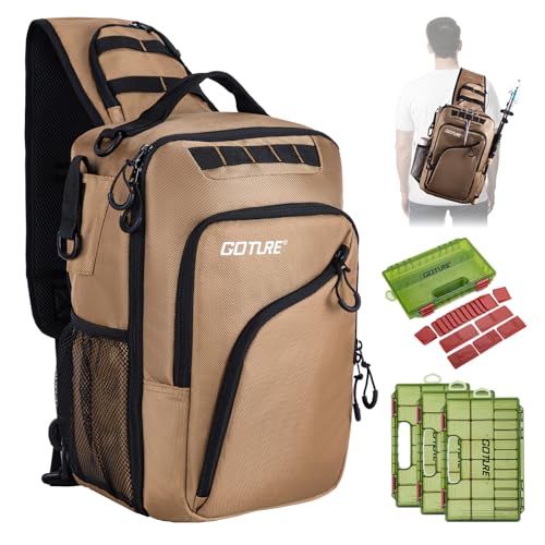 Goture Khaki Fishing Bag with Tackle Boxes, Crossbody Sling Tackle Backpack for Men, 20L Large Capacity Fits 3600 Trays, Durable Fishing Gear Storage, Best Fishing Gifts for Anglers - color: Khaki, style: 1680d Double-strand Pu Backpack + (3)3600 Trays