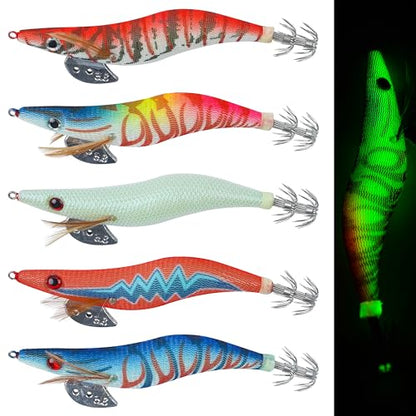 Glow Squid Jig Saltwater Squid Lures, 5/10pcs Luminous Squid Jig Hooks Shrimp Prawn Lures Fluorescent Cuttlefish Sleeve Octopus Jigs Artificial Baits Night Fishing Tackle Size 2.5# 3# 3.5# - size: 2.5#-5pcs