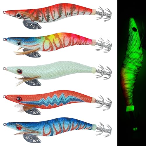 Glow Squid Jig Saltwater Squid Lures, 5/10pcs Luminous Squid Jig Hooks Shrimp Prawn Lures Fluorescent Cuttlefish Sleeve Octopus Jigs Artificial Baits Night Fishing Tackle Size 2.5# 3# 3.5# - size: 3.0#-5pcs