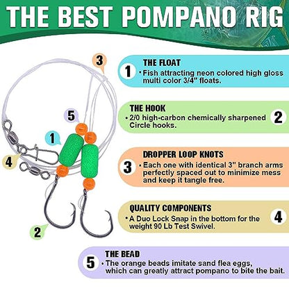 Pompano-Rigs-for-Surf-Fishing-Saltwater-Gear with Double Circle & Wide Gap Hook-6-Pack Surf Fishing Tackle - color: Green Floats 6-Pack, size: 2/0 Circle Hook