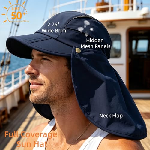 Men Women Safari Fishing Sun Cap with Removable Neck Flap UPF 50+ UV Protection Quick Dry Breathable Hats - color: Navy Blue
