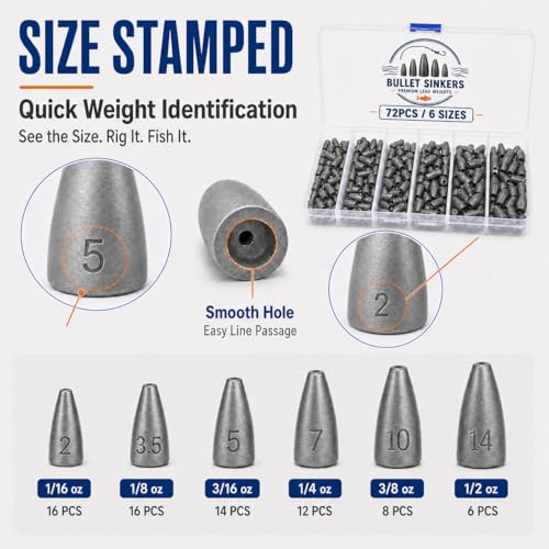 Bullet Fishing Weights Kit, 50/72pcs Size Stamped Lead Worm Weights, 5/6 Sizes Bullet Sinkers for Bass Fishing, Texas Rig, Carolina Rig & Soft Plastic Baits