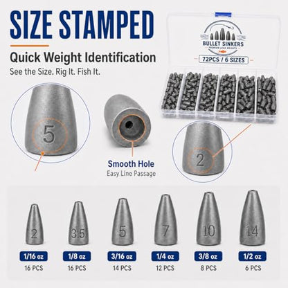 Bullet Fishing Weights Kit, 50/72pcs Size Stamped Lead Worm Weights, 5/6 Sizes Bullet Sinkers for Bass Fishing, Texas Rig, Carolina Rig & Soft Plastic Baits