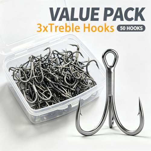50pcs High Carbon Steel Fishing Treble Hooks - Super Sharp Solid Triple Barbed 3X Strong Professional V Design, Size 4/6/8/10/12/14, Saltwater and Freshwater Replacement Hooks - size: 3x-10#