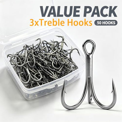 50pcs High Carbon Steel Fishing Treble Hooks - Super Sharp Solid Triple Barbed 3X Strong Professional V Design, Size 4/6/8/10/12/14, Saltwater and Freshwater Replacement Hooks - size: 3x-10#
