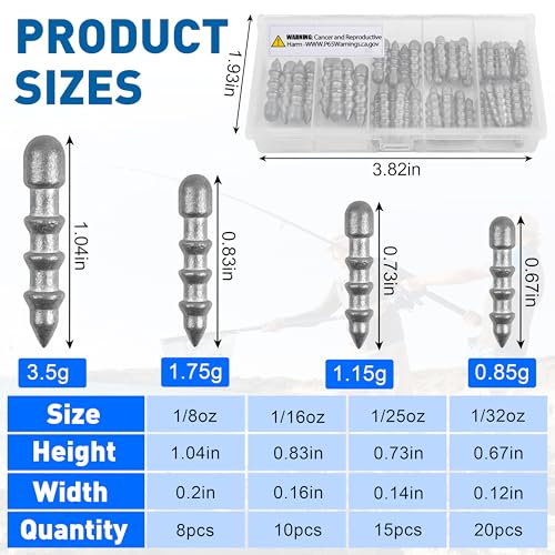 Fishing Nail Weights Kit, 53pcs Wacky Worm Weights Insert Sinkers for Bass Fishing Soft Plastic Lures Neko Rig Wacky Rig Weights Insert Pencil Nail Sinkers 4 Sizes