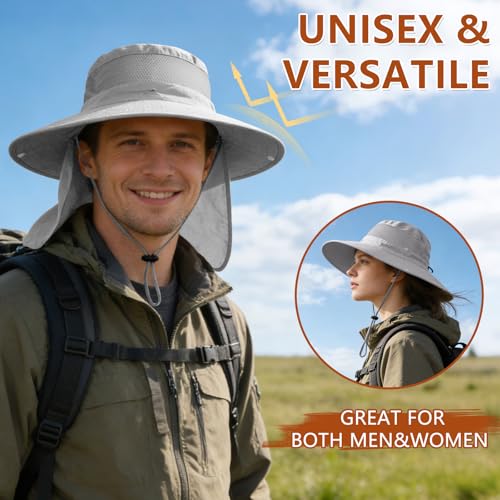 ZOORON Sun Hats for Men Women Fishing Hat with Neck Flap,UPF 50+ Sun Hat Waterproof Wide Brim Bucket Hats for Safari Hiking - color: 1-light Grey(neck Flap)