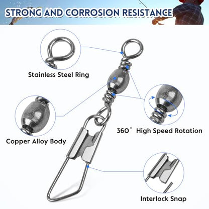 Fishing Swivels Snaps Rolling Barrel Swivels with Safety Snap High Strength Freshwater Saltwater Fishing Snap Swivels Fishing Tackle Accessories Lure Line Connector - style: 125pcs(4,6,8,10,12#)