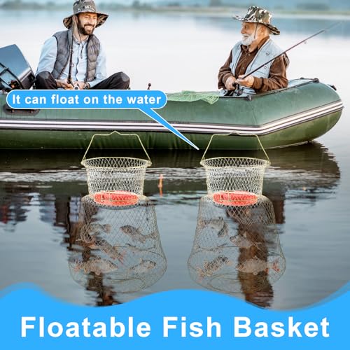 Hollowfly 2 Pcs Steel Wire Fish Basket and Fishing Landing Net with Extension Aluminum Telescoping Pole Includes 1 Portable Fishing Net with Handle 1 Collapsible Wire Fishing Basket for Women Men