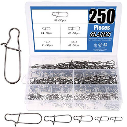 Glarks 250Pcs #1#2#4#6#8 Strong Stainless Steel Duo Lock Snaps Nice Swivel Slid Rings Fishing Lure Hook Connector Freshwater Saltwater Fishing Gear Accessories Assortment Kit - Test: 40LB-220LB