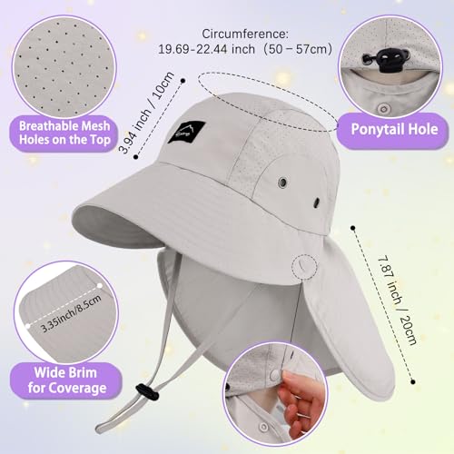 Kids Sun Hat with Detachable Neck Flap for Boys & Girls Wide Brim Fishing Hat for Kids Water Resistant UV Protection - color: 1 Pack-light Gray
