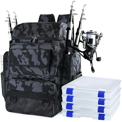 Fishing Backpack with 4 Tackle Boxes, 45L Large Tackle Bag & Fishing Tackle Backpack for Fishing, Camping, Hiking,Camouflage - color: Camouflage(with 4 Boxes)