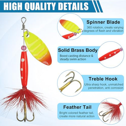 Spinner Baits Bass Lures Rooster Feather Tail Trout Lures Hard Metal Inline Spinner Bait Fishing Lure for Bass Salmon Trout - style: 5pcs Spinnerbaits Kit