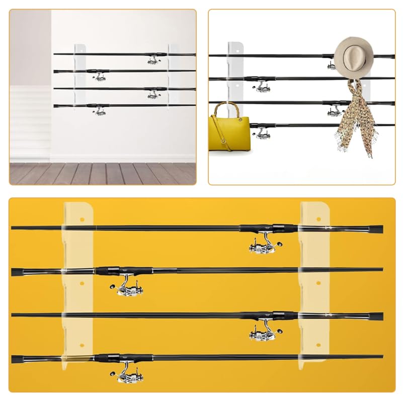 1-Pair Acrylic Fishing Rod Rack, Heavy Duty Wall Mount Holder for Garage Display, Clear 3-Pole Space-Saving Organizer Stand with Screws Included