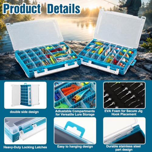 Wonderjune 4 Pack 3500 Double-sided Waterproof Fishing Tackle Boxes with Adjustable Dividers and EVA Foam Plastic Fishing Tackle Trays Clear Lures Storage Organizer for Jig Hook Bait (Blue)