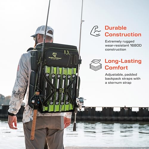 Evolution Fishing Drift Series Tackle Backpack, Outdoor Rucksack w/ 6 Fishing Tackle Trays, Heavy Duty - color: Green, size: 3700