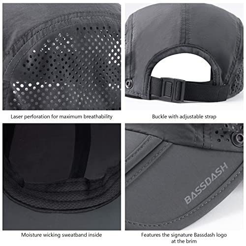 BASSDASH UPF 50+ Foldable Fishing Hat Baseball Cap with Removable Neck Flap Portable for Men Women Golf Hiking - color: Dark Grey With Foldable Brim