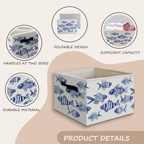 Blue Fish Beach Coastal Foldable Storage Bins Box with Handles, Watercolor Ocean Animals Fish Beachy Collapsible Organizer Basket for Beach Bedroom Bathroom Clothes Toys Books