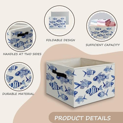 Blue Fish Beach Coastal Foldable Storage Bins Box with Handles, Watercolor Ocean Animals Fish Beachy Collapsible Organizer Basket for Beach Bedroom Bathroom Clothes Toys Books