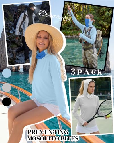 Xaatren 3 Pack Women's UPF 50+ Sun Hoodies with Face Mask Thumb Holes Quick Dry Fishing Shirts UV Protection Hiking Shirt - color: Black, Gray, Blue, size: XX-Large
