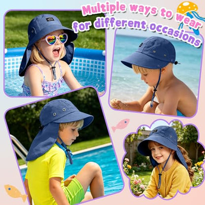 Kids Sun Hat with Detachable Neck Flap for Boys & Girls Wide Brim Fishing Hat for Kids Water Resistant UV Protection - color: 1 Pack-blue