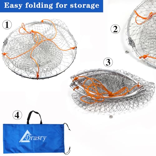 Drasry Foldable Bridge and Pier Fishing Landing Net - High Load-Bearing Aluminum Ring Drop Net for Saltwater Freshwater - Collapsible Basket With 49.2 FT Rope - color: silver, size: 23.6*23.6*37 IN / 60*60*94cm, style: 1.18*1.18 in Mesh