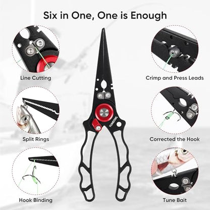 Fishing Pliers with Innovative Ergonomical Handle, Corrosion Saltwater Resistant,Fishing Multitool Hook Remover Braided Fishing Line Cutting, Split Ring with Coiled Lanyard and Sheath - color: Red&black-7.28"