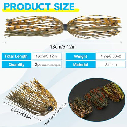 Silicone Jig Skirts Spinnerbait Skirts Replacement 12/24 Bundles DIY Bass Fishing Jigs Lure Skirts for Spinner Bait Buzzbaits Squid Jig Spoon Blade Fly Tying Material - style: Type A-12pcs