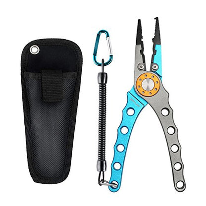 SANLIKE Aluminum Fishing Pliers Hook Remover Tungsten Carbide Braid Cutters | Tungsten Carbide Cutters Saltwater Resistant with Coiled Lanyard & Sheath - color: Light Blue