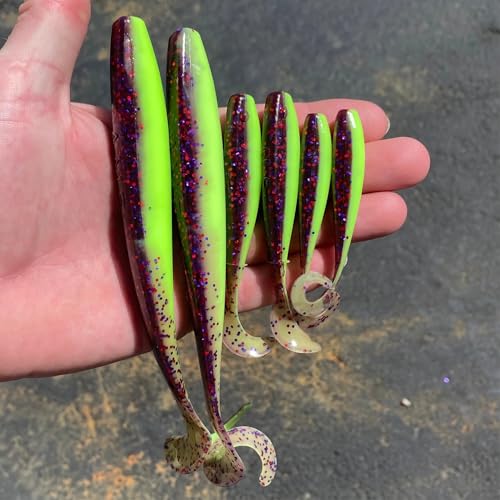 A.M. Fishing Curly Tail Jerkshad 4 Inch Soft Baits Garlic Infused,– 8 Pack – Saltwater & Freshwater Fishing Lures for Bass, Redfish, Snook, and Trout - color: OG Purple Haze