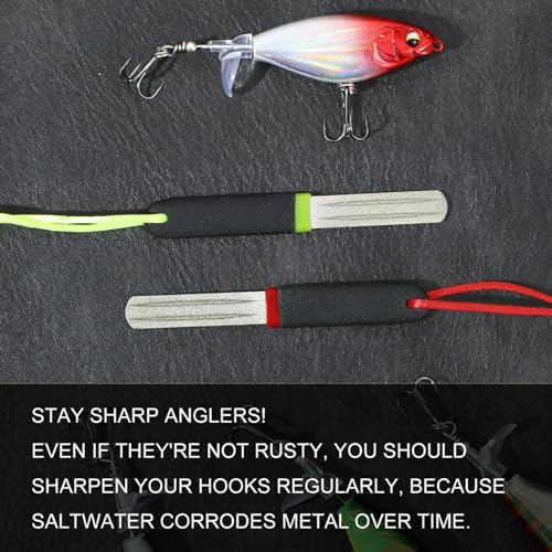 Yuanchu 2Pcs Hook Sharpener, Fishing Hook File for Diamond File with Handle, Portable Grinding Tool with Double Sided Fine Medium Grit - color: Red + Green