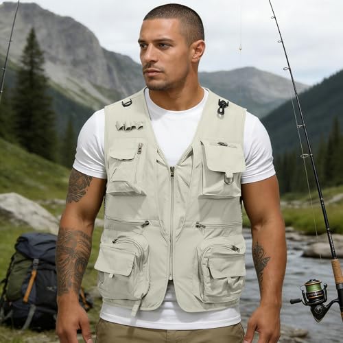 Men's Fishing Vest Casual Utility Lightweight Cargo Vest with Multi Pockets Outdoor Safari Photo Travel Jacket Vest - color: Y004- Beige, size: XX-Large
