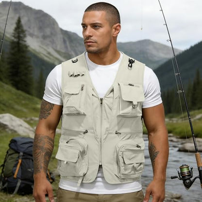 Men's Fishing Vest Casual Utility Lightweight Cargo Vest with Multi Pockets Outdoor Safari Photo Travel Jacket Vest - color: Y004- Beige, size: XX-Large